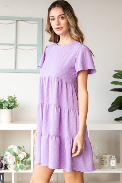 Swiss Dot Short Sleeve Tiered Mini Dress in LilacMini DressHeimish