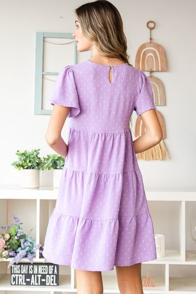 Swiss Dot Short Sleeve Tiered Mini Dress in LilacMini DressHeimish