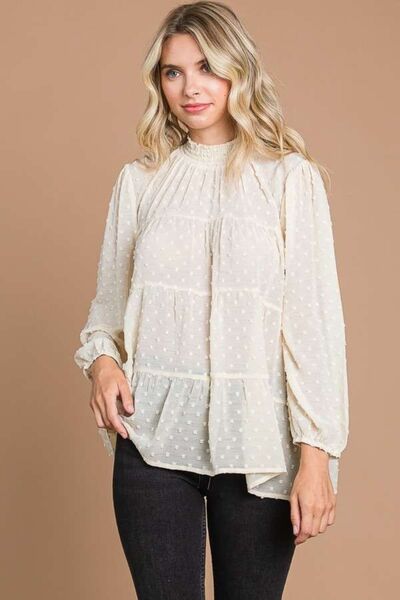 Swiss Dot Smocked Mock Neck Blouse in Ivory CreamBlouseCulture Code