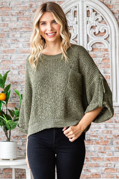 Tab Rolled Three-Quarter Sleeve Sweater in OliveSweaterVEVERET