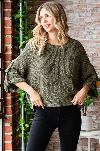 Tab Rolled Three-Quarter Sleeve Sweater in OliveSweaterVEVERET