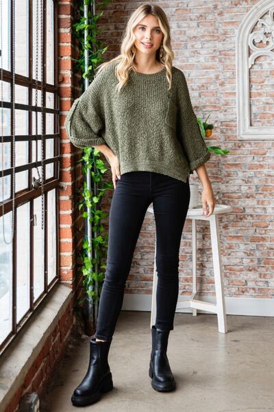 Tab Rolled Three-Quarter Sleeve Sweater in OliveSweaterVEVERET