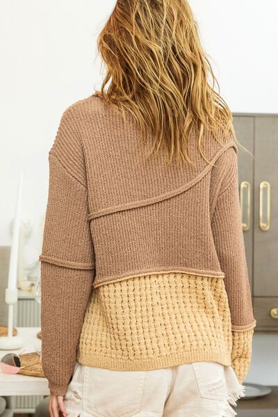 Texture Detail Contrast Drop Shoulder Sweater in MochaSweaterBiBi