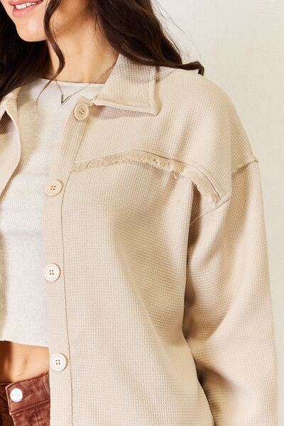 Textured Button Down Fray Detail Shacket in BeigeShacketHYFVE