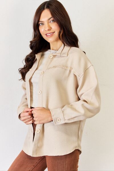 Textured Button Down Fray Detail Shacket in BeigeShacketHYFVE