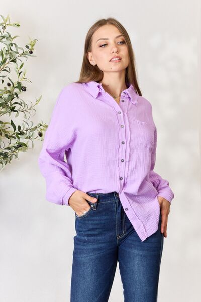 Textured Button Up Raw Hem Long Sleeve Cotton Shirt in LavenderShirtZenana