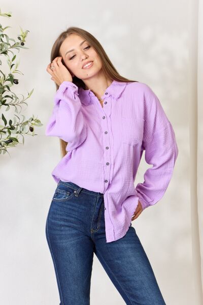 Textured Button Up Raw Hem Long Sleeve Cotton Shirt in LavenderShirtZenana