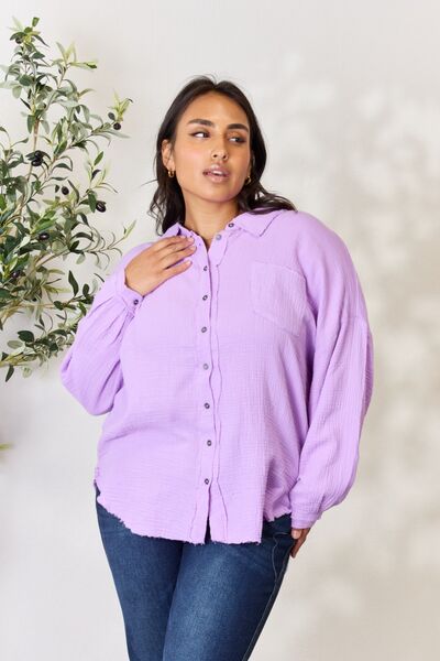 Textured Button Up Raw Hem Long Sleeve Cotton Shirt in LavenderShirtZenana