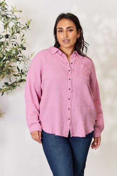 Textured Button Up Raw Hem Long Sleeve Cotton Shirt in MauveShirtZenana