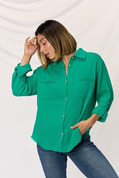 Textured Button Up Raw Hem Long Sleeve Shirt in Kelly GreenShirtZenana