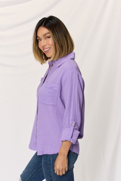 Textured Button Up Raw Hem Long Sleeve Shirt in LavenderShirtZenana