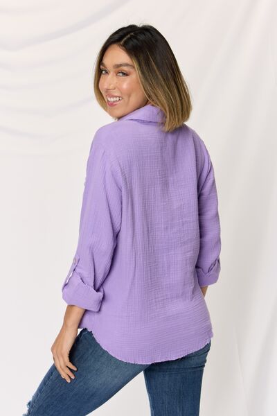 Textured Button Up Raw Hem Long Sleeve Shirt in LavenderShirtZenana