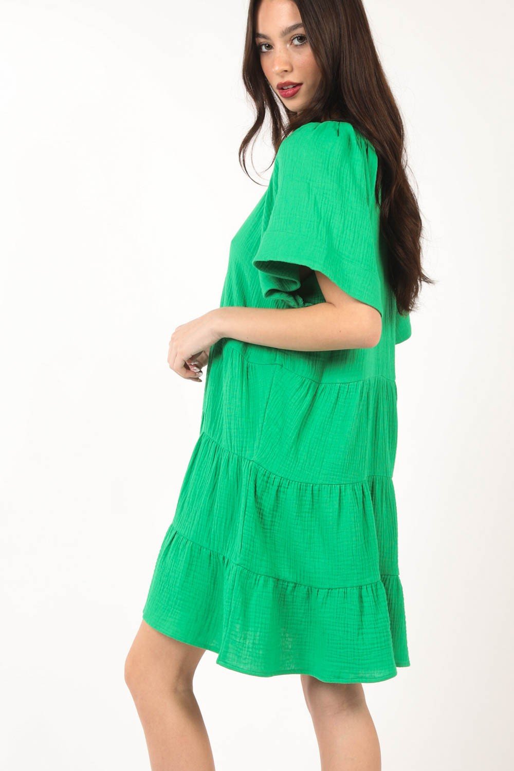 Textured Cotton V-Neck Tiered Mini Dress in GreenMini DressVery J