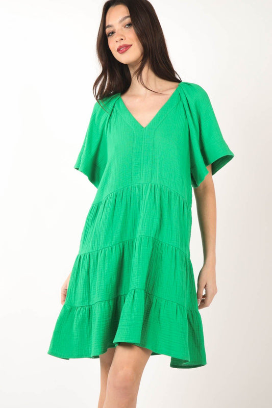 Textured Cotton V-Neck Tiered Mini Dress in GreenMini DressVery J