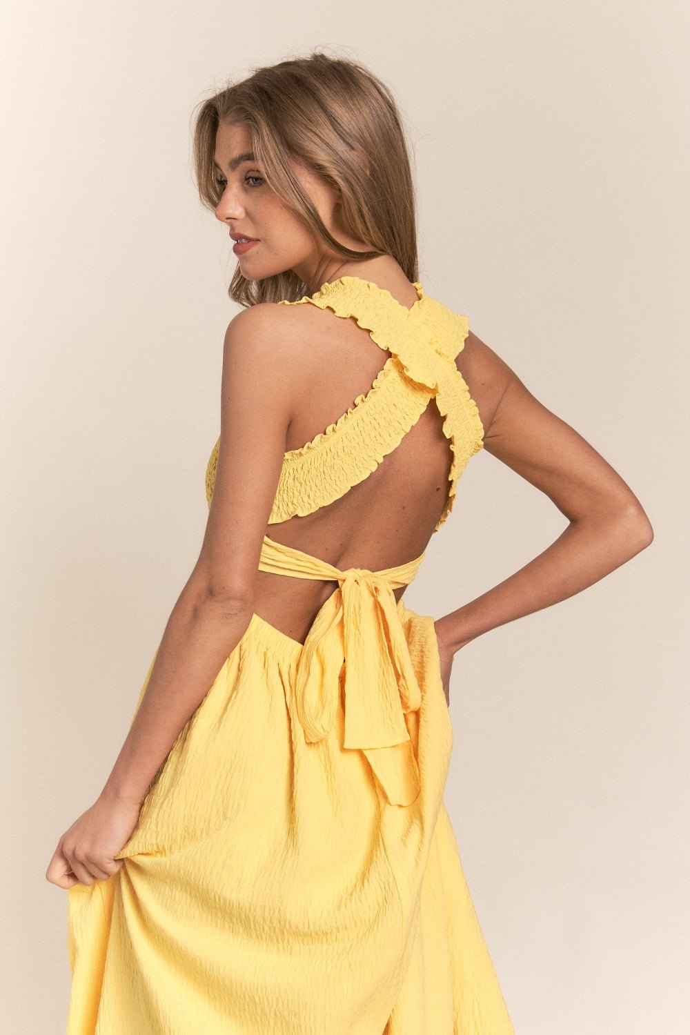 Textured Crisscross Back Maxi Dress in BananaMaxi DressJ.NNA