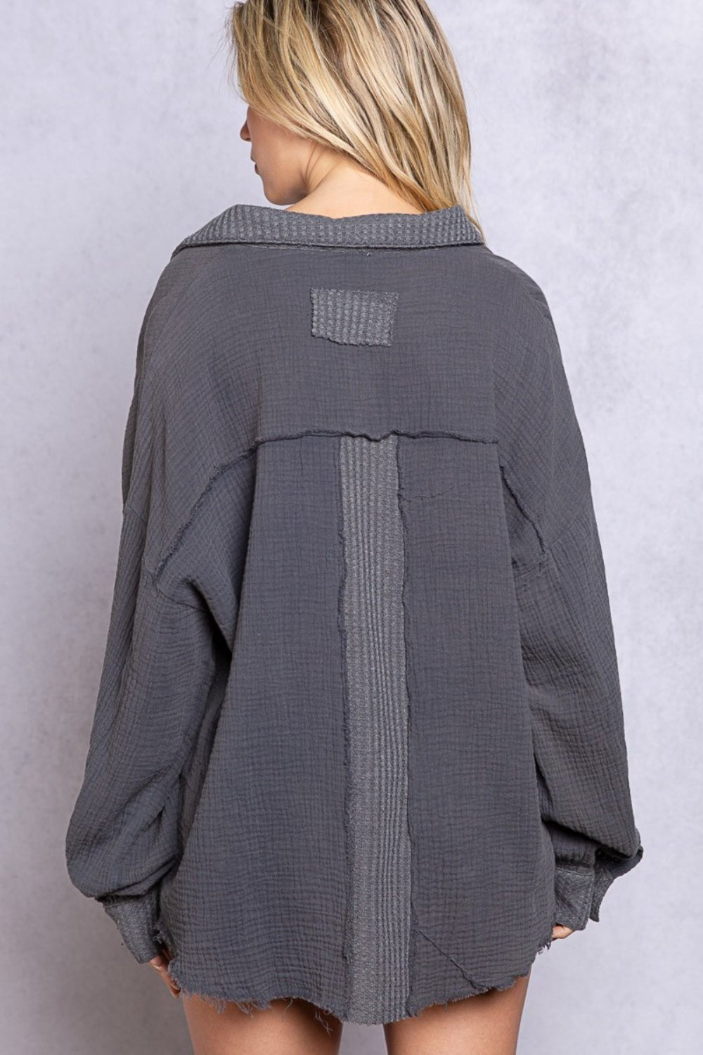 Textured Half Button Long Sleeve Top in Navy CharcoalTopPOL