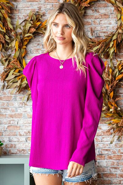 Textured Puff Sleeve Blouse in MagentaBlouseFirst Love
