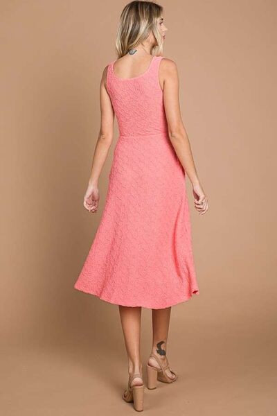 Textured Square Neck Tank Midi Dress with Pockets in Happy PinkMidi DressCulture Code
