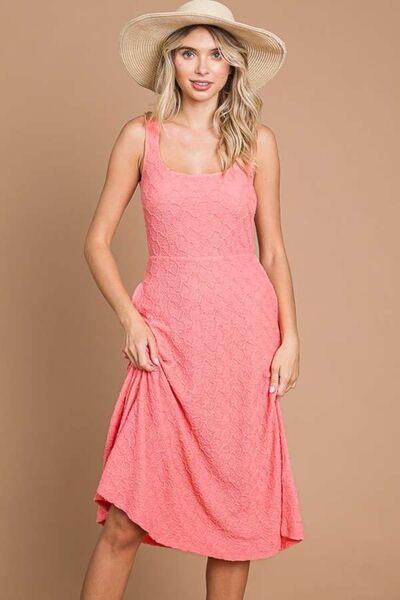 Textured Square Neck Tank Midi Dress with Pockets in Happy PinkMidi DressCulture Code