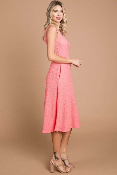 Textured Square Neck Tank Midi Dress with Pockets in Happy PinkMidi DressCulture Code