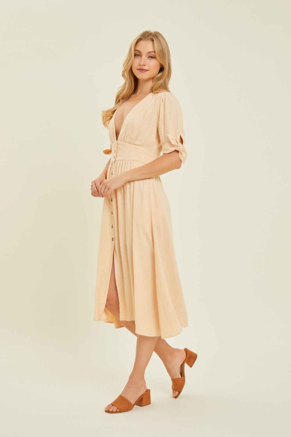 Textured V-Neck Button-Down Midi Dress in CreamMidi DressHEYSON