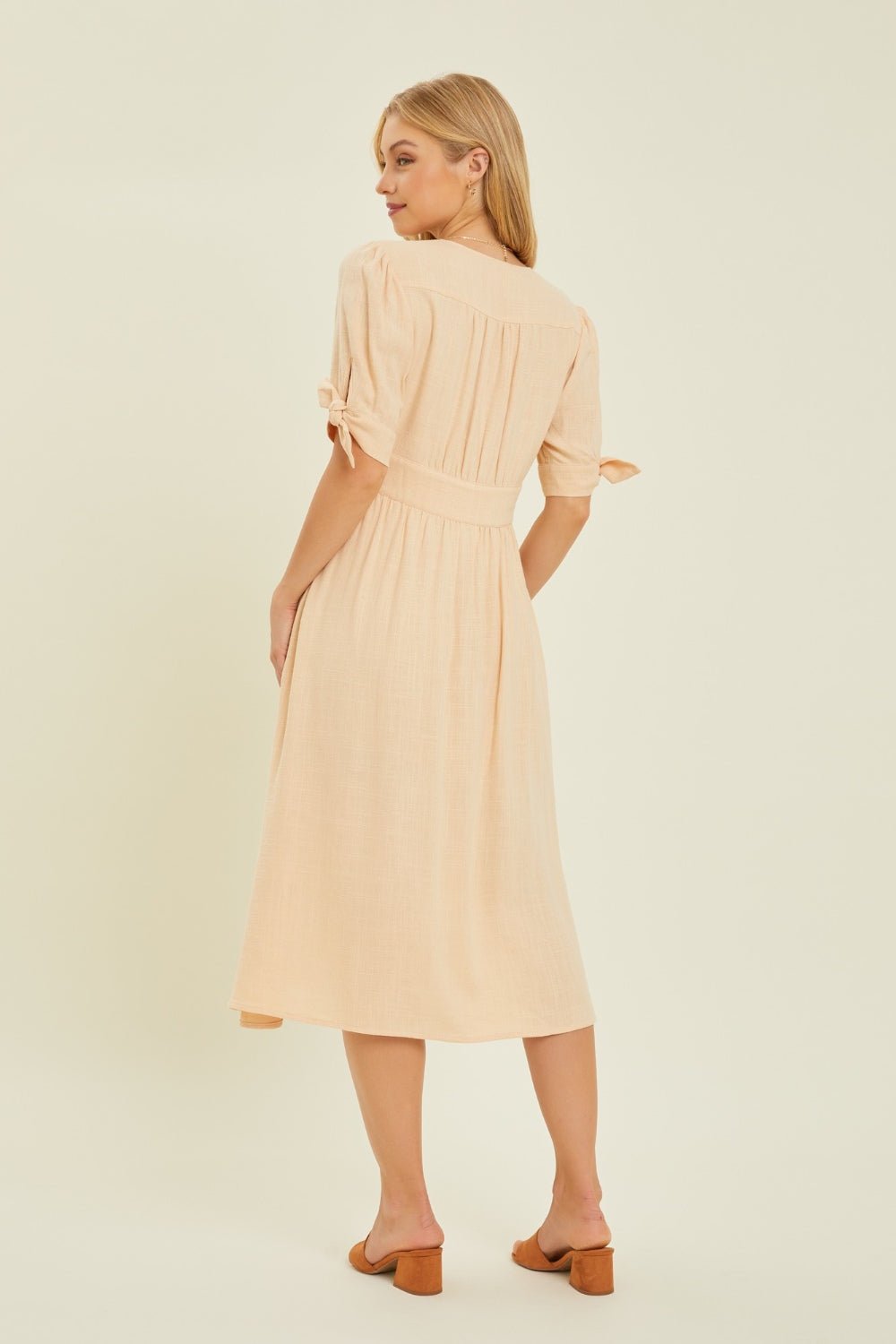 Textured V-Neck Button-Down Midi Dress in CreamMidi DressHEYSON