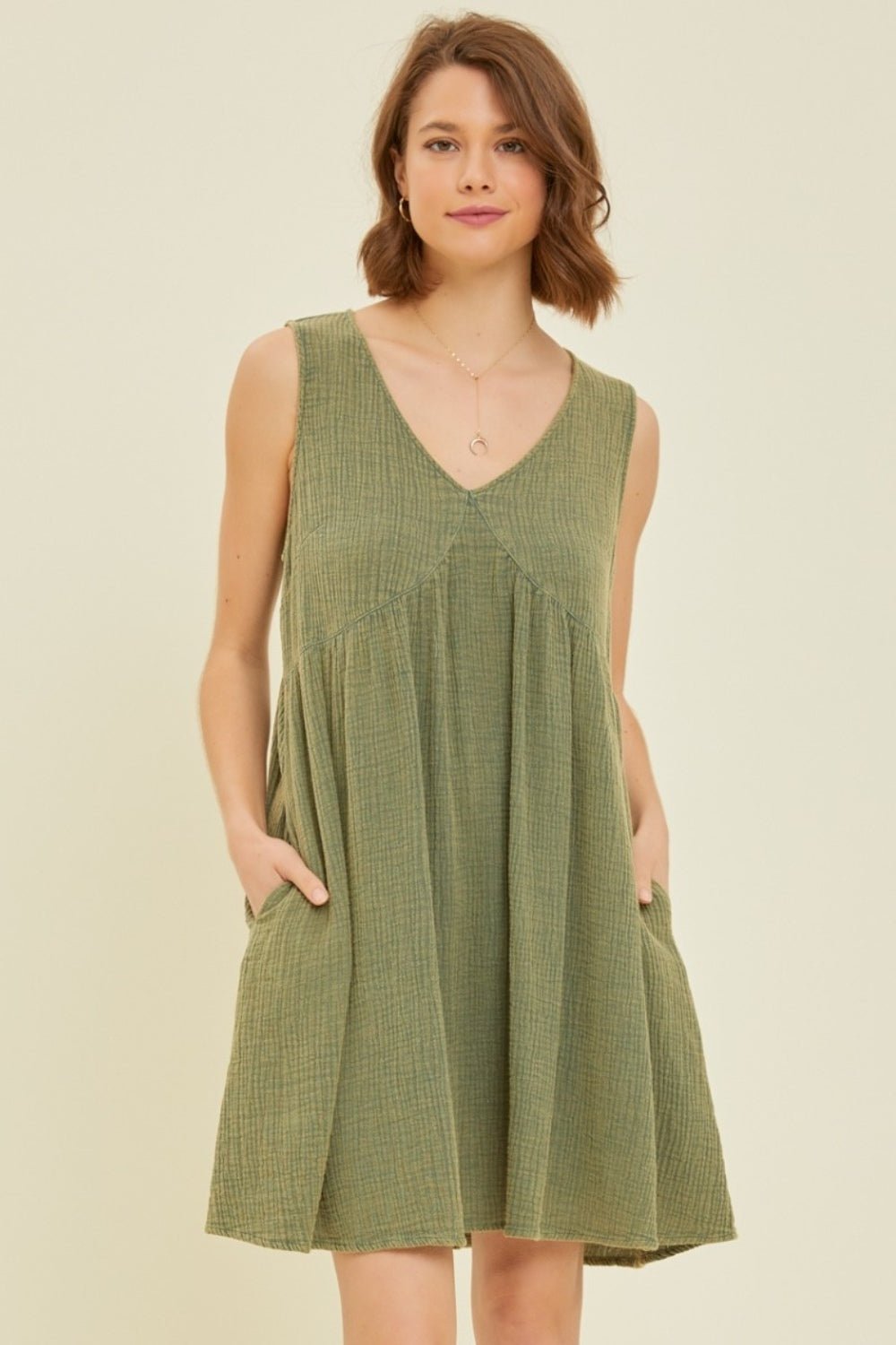 Textured V-Neck Sleeveless Flare Mini Dress in GreenMini DressHEYSON