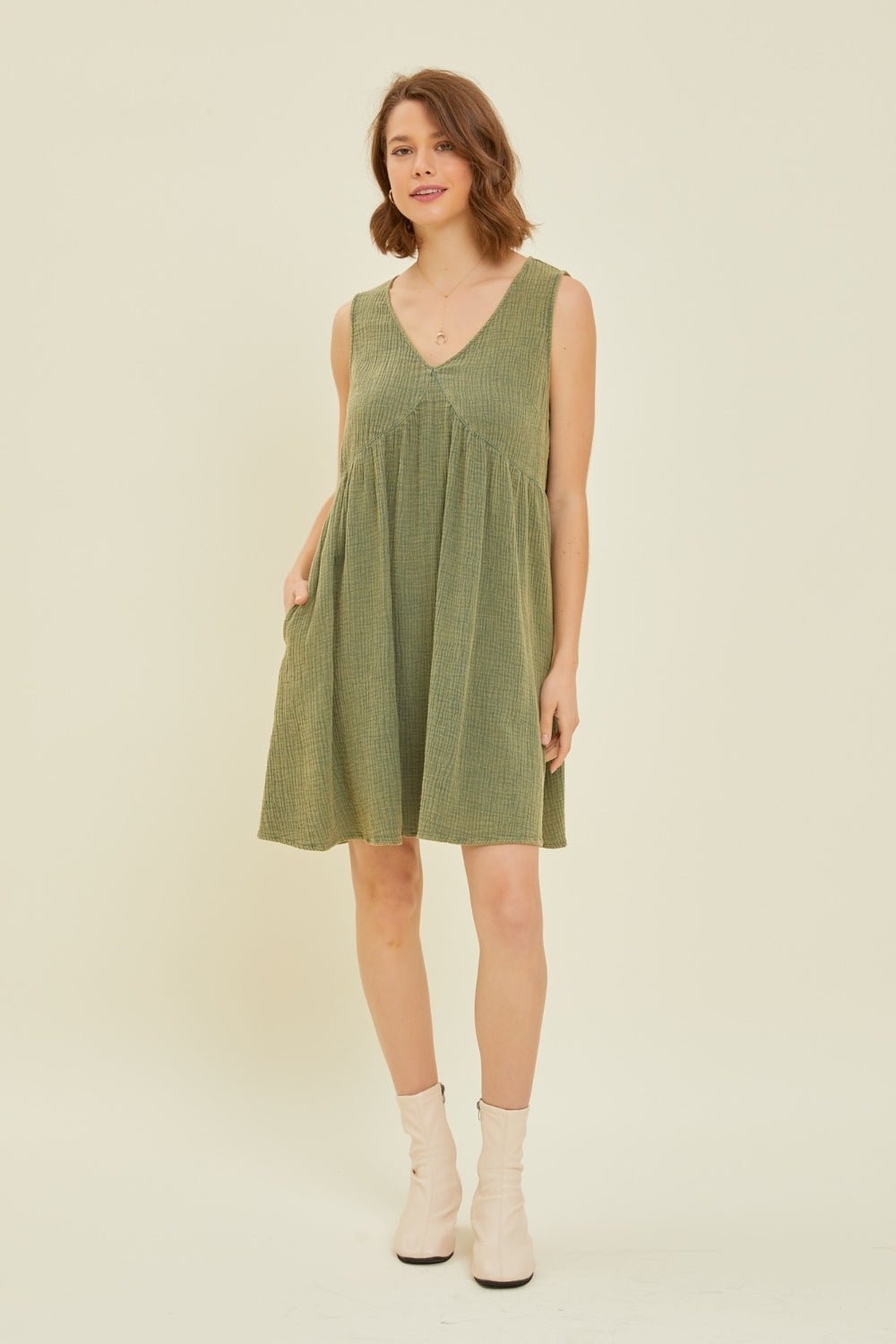 Textured V-Neck Sleeveless Flare Mini Dress in GreenMini DressHEYSON