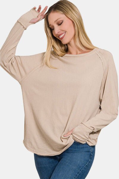 Thumbhole Long Sleeve Top in Light MochaTopZenana