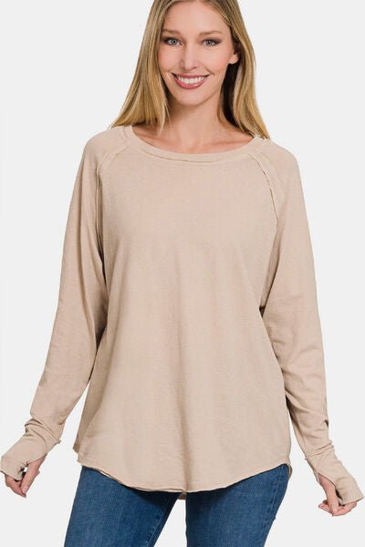 Thumbhole Long Sleeve Top in Light MochaTopZenana