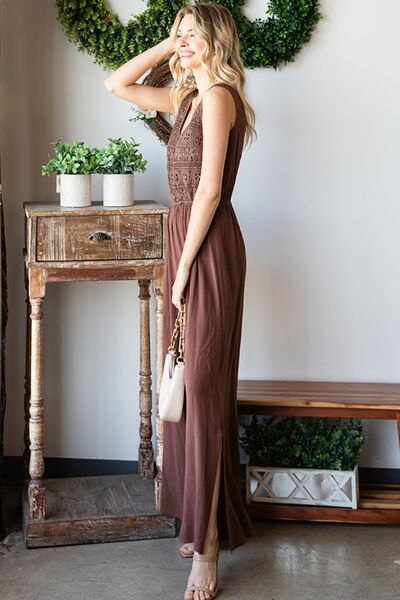 Tie Back Sleeveless Wide Leg Rayon Jumpsuit in BrownJumpsuitFirst Love