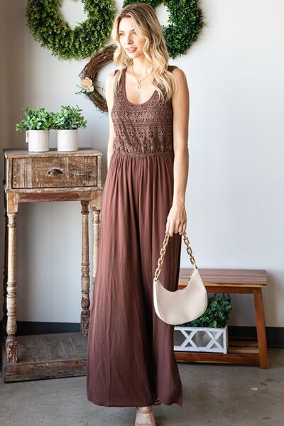 Tie Back Sleeveless Wide Leg Rayon Jumpsuit in BrownJumpsuitFirst Love