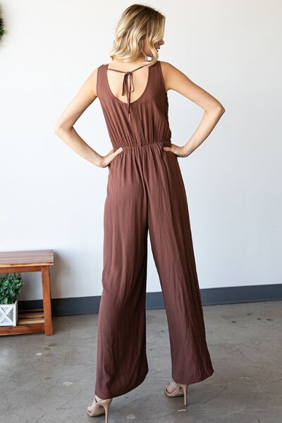 Tie Back Sleeveless Wide Leg Rayon Jumpsuit in BrownJumpsuitFirst Love