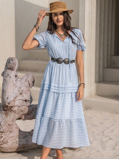 Tie Neck Balloon Sleeve Tiered Midi Dress in Misty BlueMidi DressBeach Rose Co.