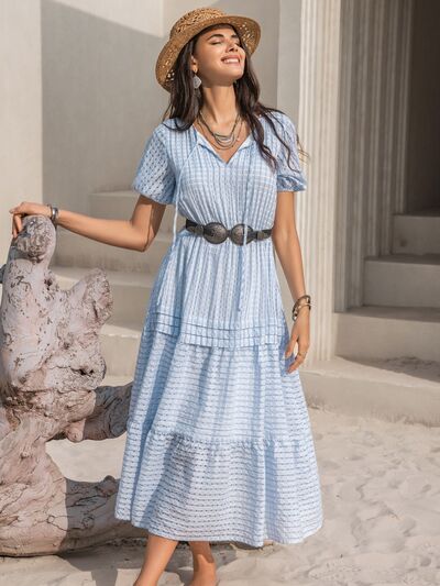 Tie Neck Balloon Sleeve Tiered Midi Dress in Misty BlueMidi DressBeach Rose Co.