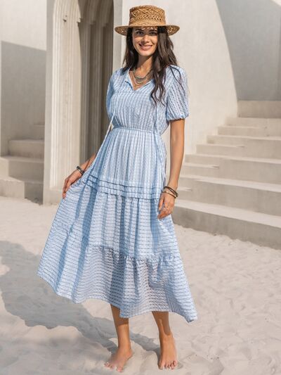 Tie Neck Balloon Sleeve Tiered Midi Dress in Misty BlueMidi DressBeach Rose Co.