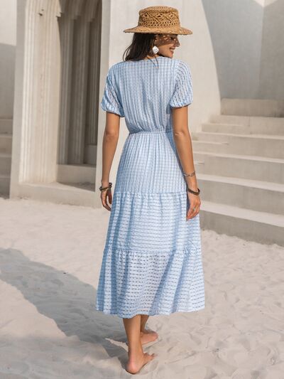 Tie Neck Balloon Sleeve Tiered Midi Dress in Misty BlueMidi DressBeach Rose Co.