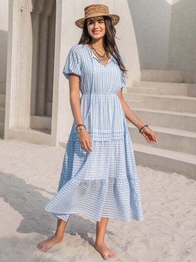 Tie Neck Balloon Sleeve Tiered Midi Dress in Misty BlueMidi DressBeach Rose Co.