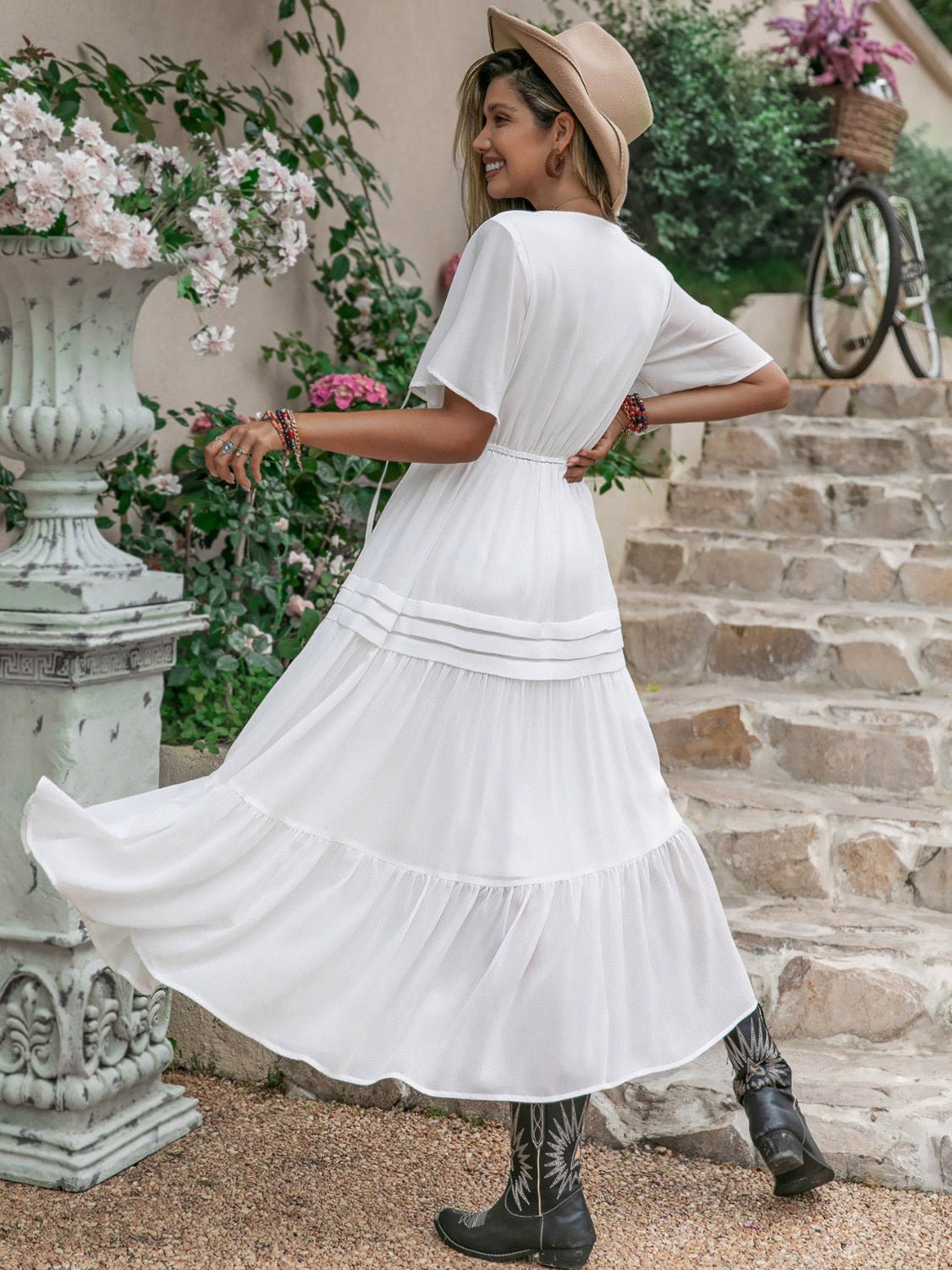 Tie Neck Short Sleeve Ruffle Hem Midi Dress in WhiteMidi DressBeach Rose Co.