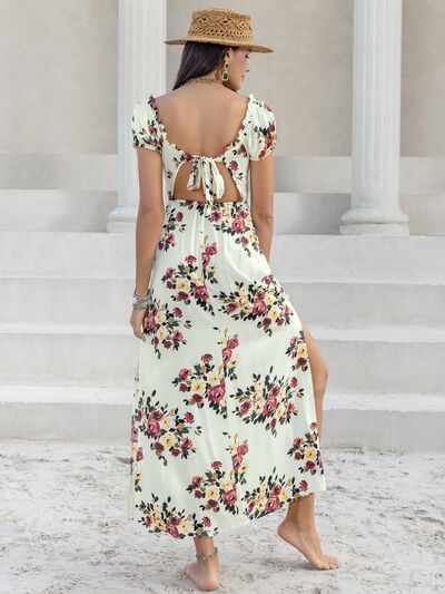 Tied Side Slit Floral Short Sleeve Maxi Dress in Light GreenMaxi DressBeach Rose Co.