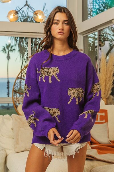 Tiger Pattern Long Sleeve Sweater in VioletSweaterBiBi