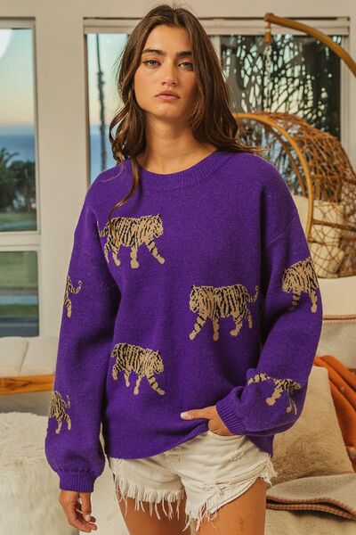 Tiger Pattern Long Sleeve Sweater in VioletSweaterBiBi