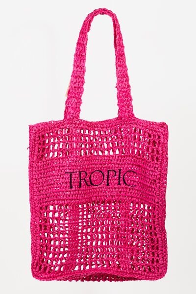 TROPIC Graphic Straw Tote Bag in FuchsiaTote BagFame