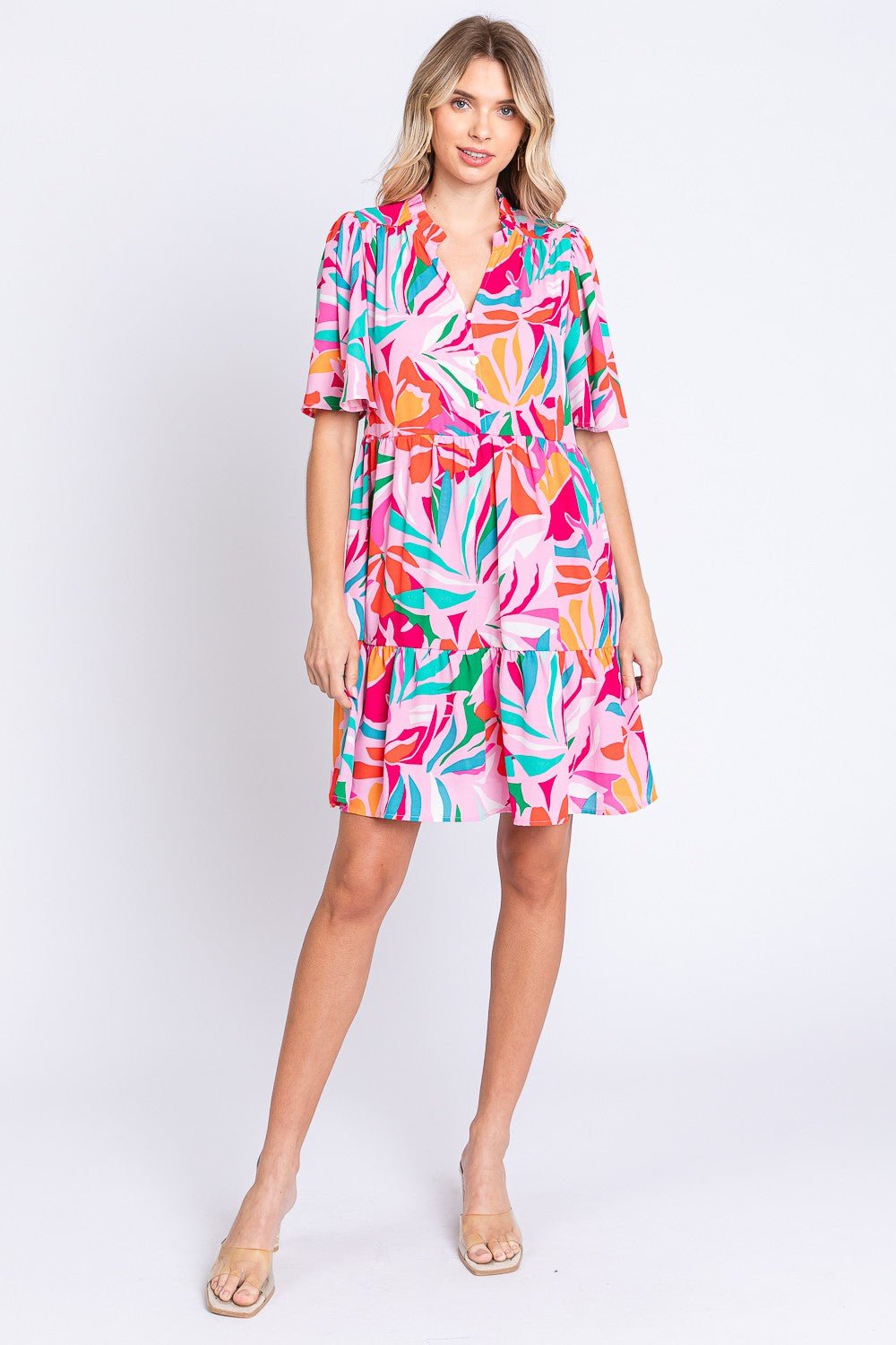 Tropical Floral Print Short Sleeve Mini Dress in Pink/GreenMini DressGeeGee