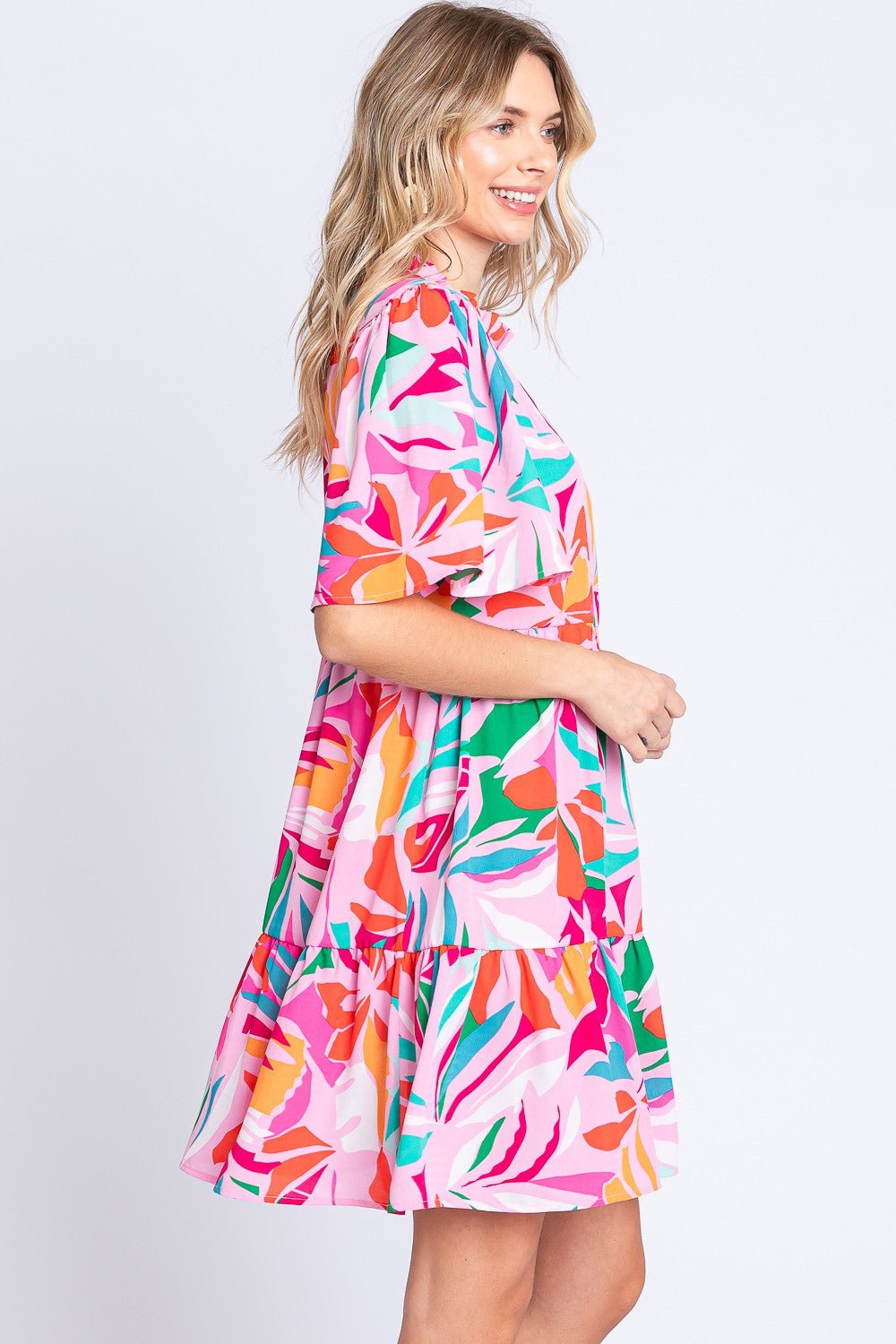 Tropical Floral Print Short Sleeve Mini Dress in Pink/GreenMini DressGeeGee