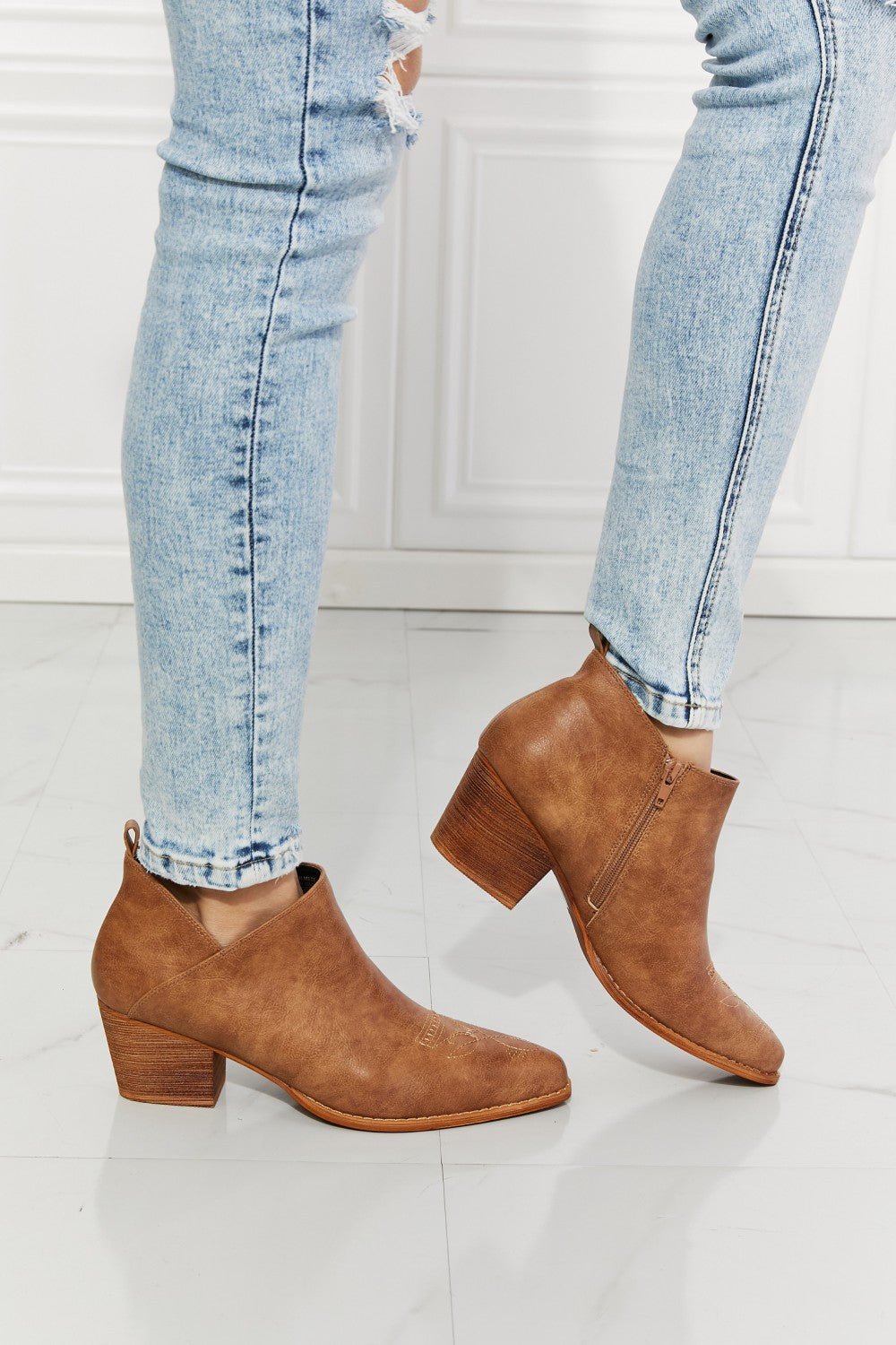 Vegan Leather Cowgirl Ankle Bootie in CaramelBootiesMelody