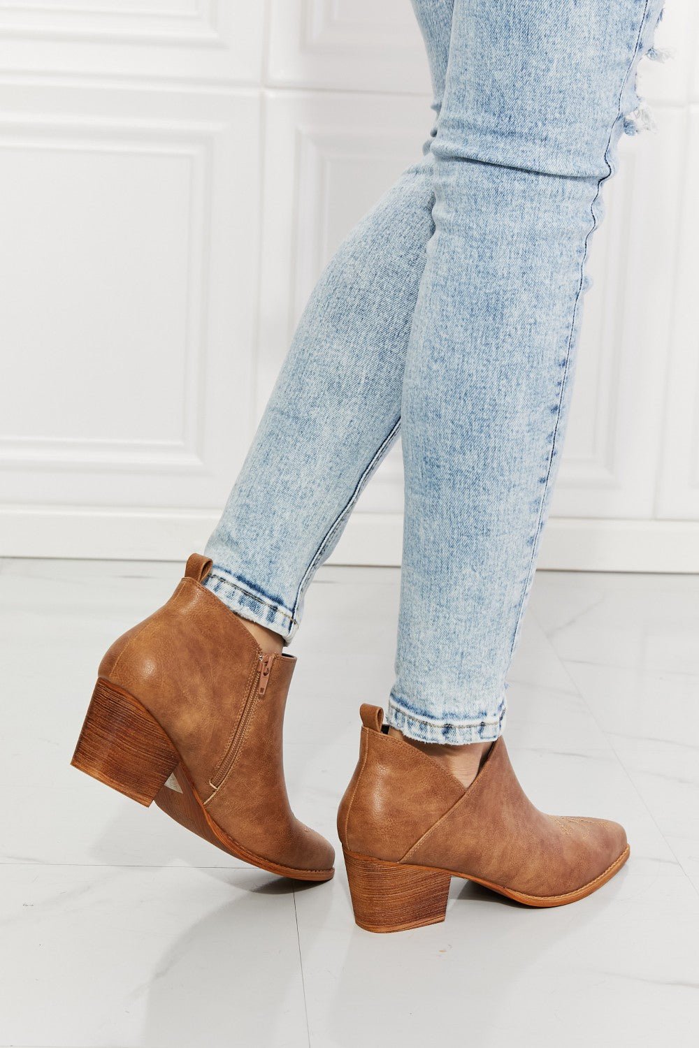 Vegan Leather Cowgirl Ankle Bootie in CaramelBootiesMelody