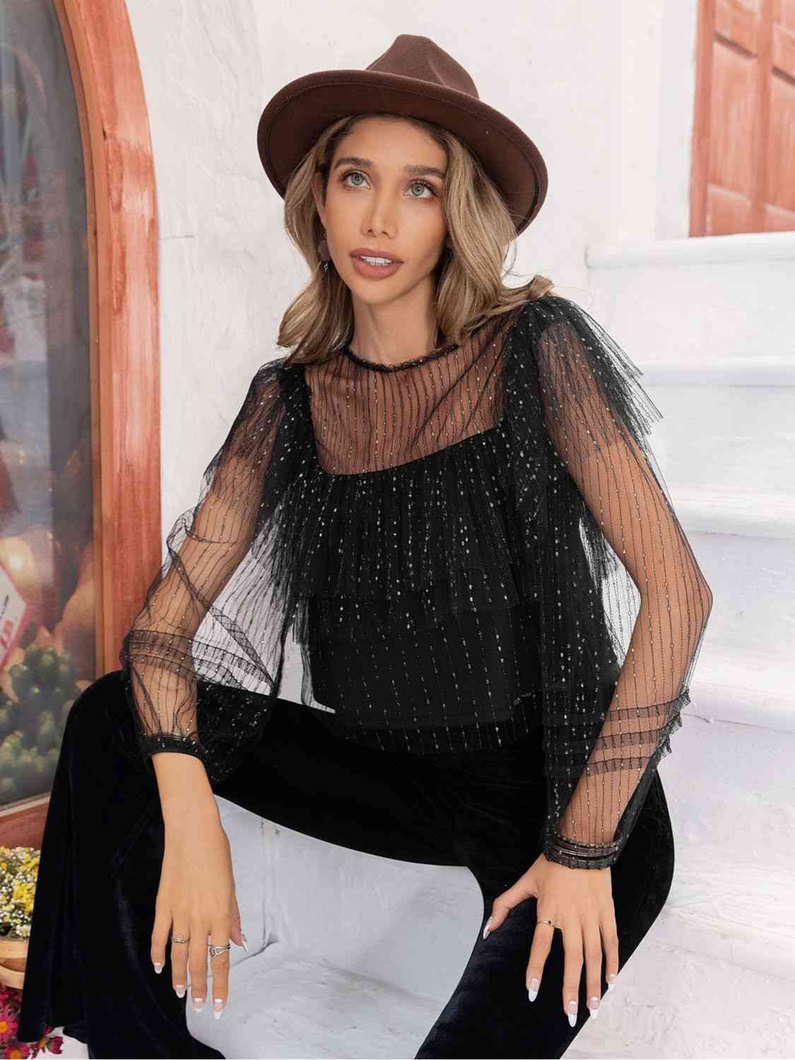 Tulle Layered Long Sleeve Blouse in BlackBlouseBeach Rose Co.