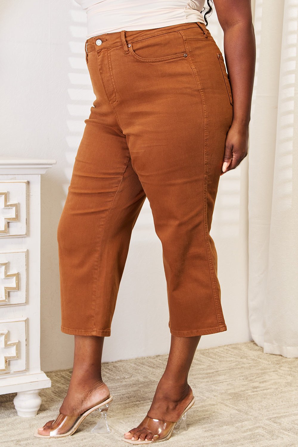 Tummy Control Garment Dyed Wide Crop Jeans in CaramelJeansJudy Blue