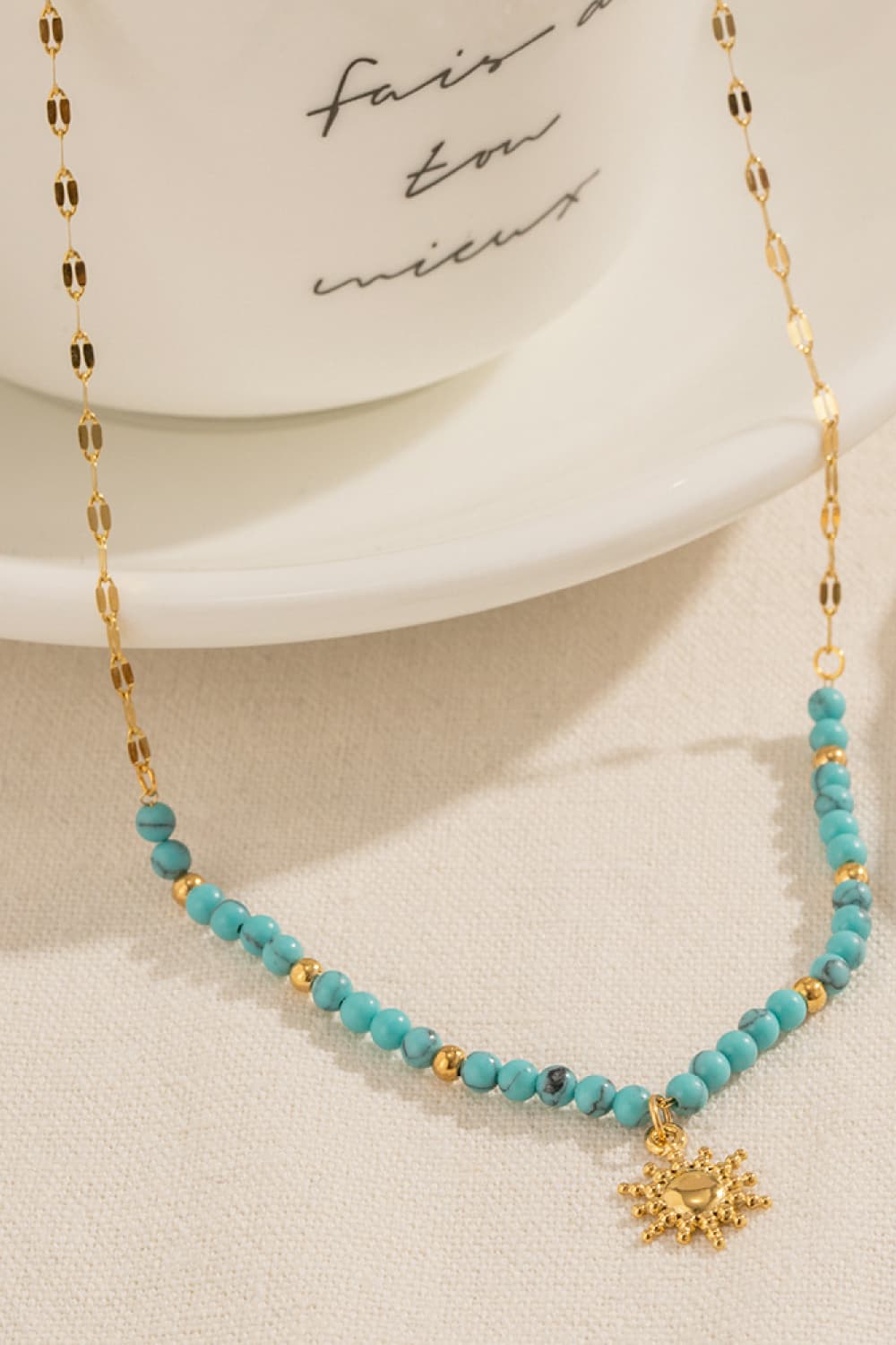 Turquoise Beaded 18K Gold-Plated Sun Shape Pendant NecklaceNecklaceBeach Rose Co.
